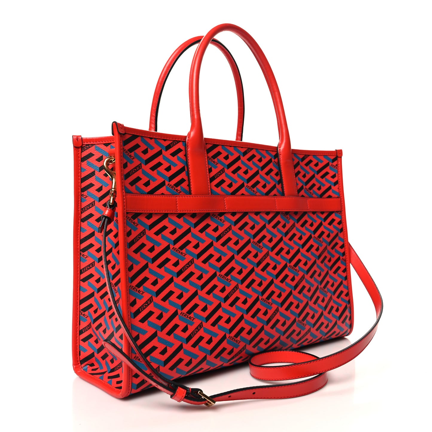 Coated Canvas Calfskin La Greca Signature Tote Bag Blue Red