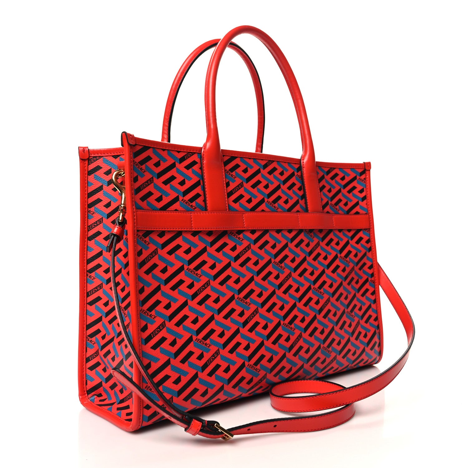Versace Coated Canvas Calfskin La Greca Signature Tote Bag Blue Red 3 of 11