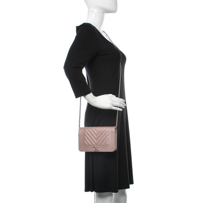 Chanel Metallic Caviar Chevron Quilted Vintage Mademoiselle Wallet On Chain WOC Pink 2 of 11