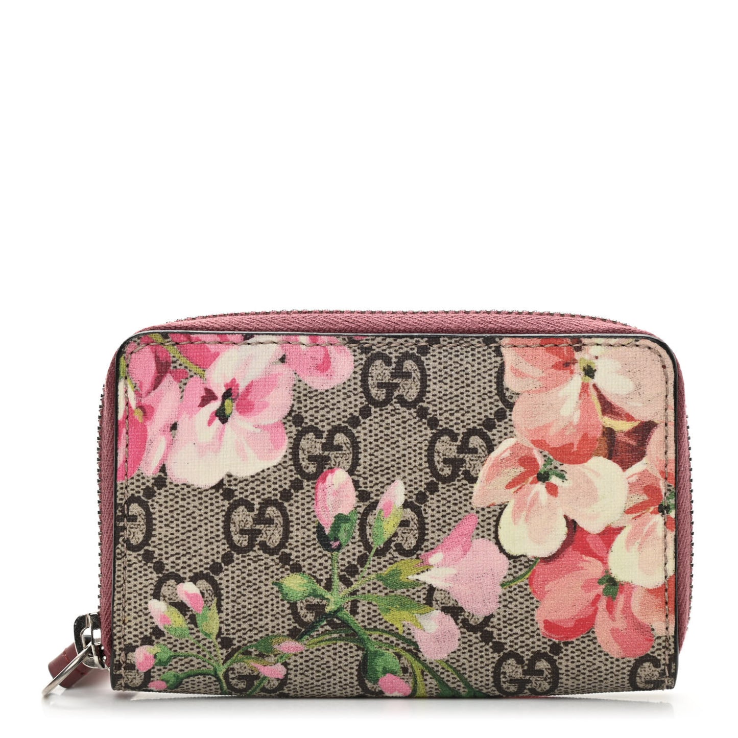 GG Supreme Monogram Blooms Zip Around Card Case Wallet Beige Multicolor Dry Rose