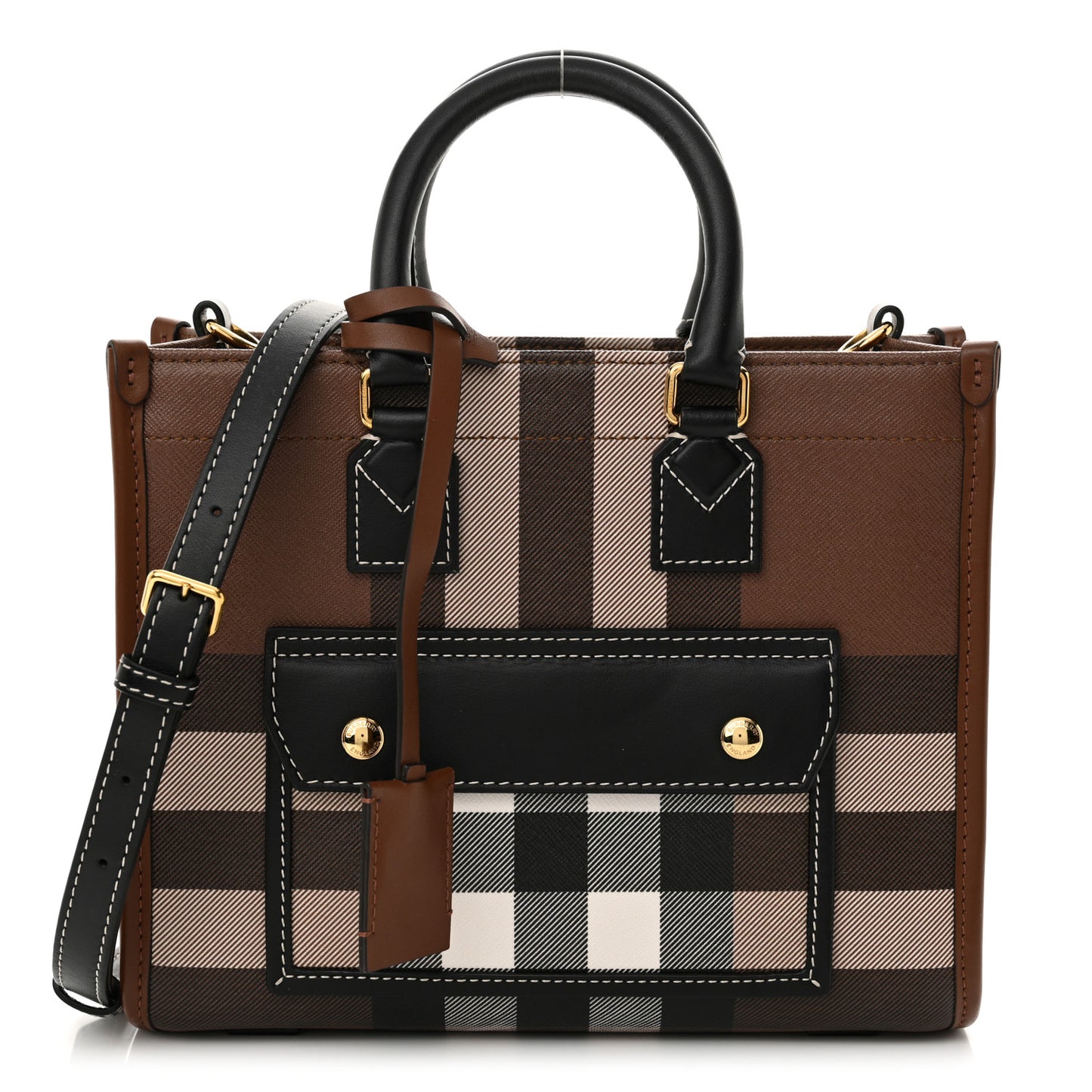 E-Canvas Check Calfskin Mini Freya Tote Dark Birch Brown