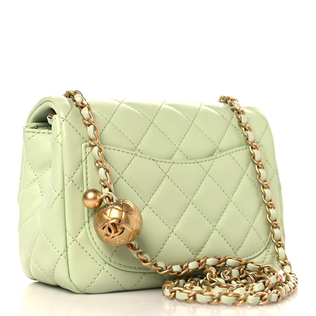 Lambskin Quilted Mini Pearl Crush Flap Light Green