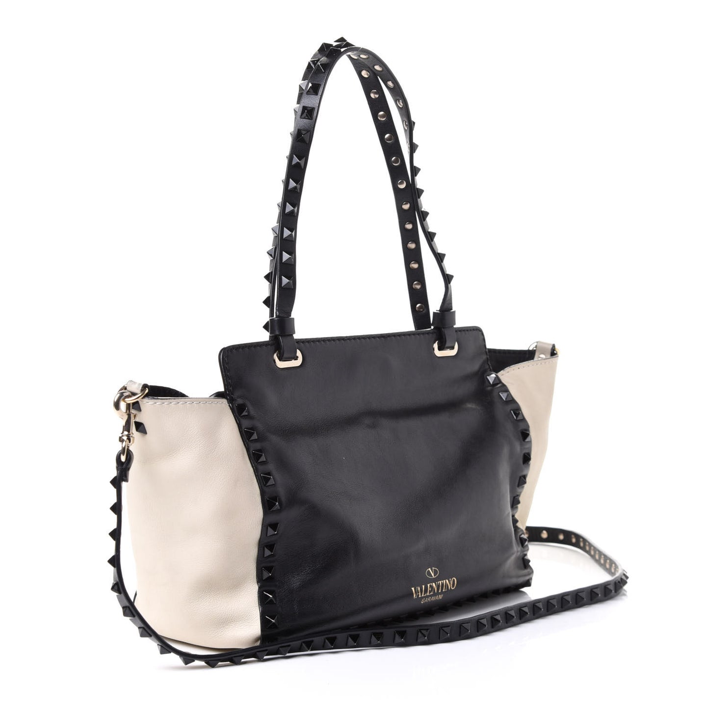 Vitello Monochrome Small Rockstud Tote Black Light Ivory