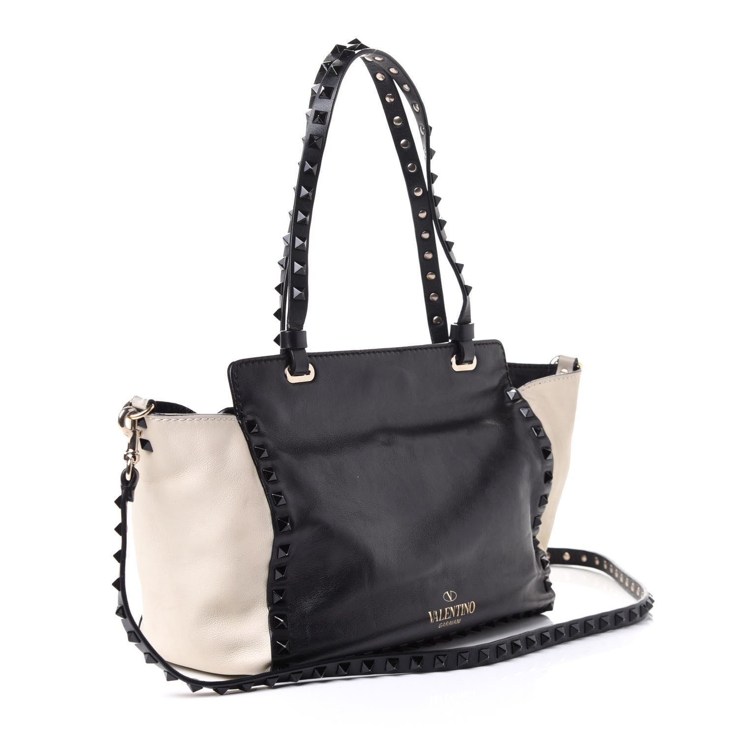 Valentino Garavani Vitello Monochrome Small Rockstud Tote Black Light Ivory 2 of 4