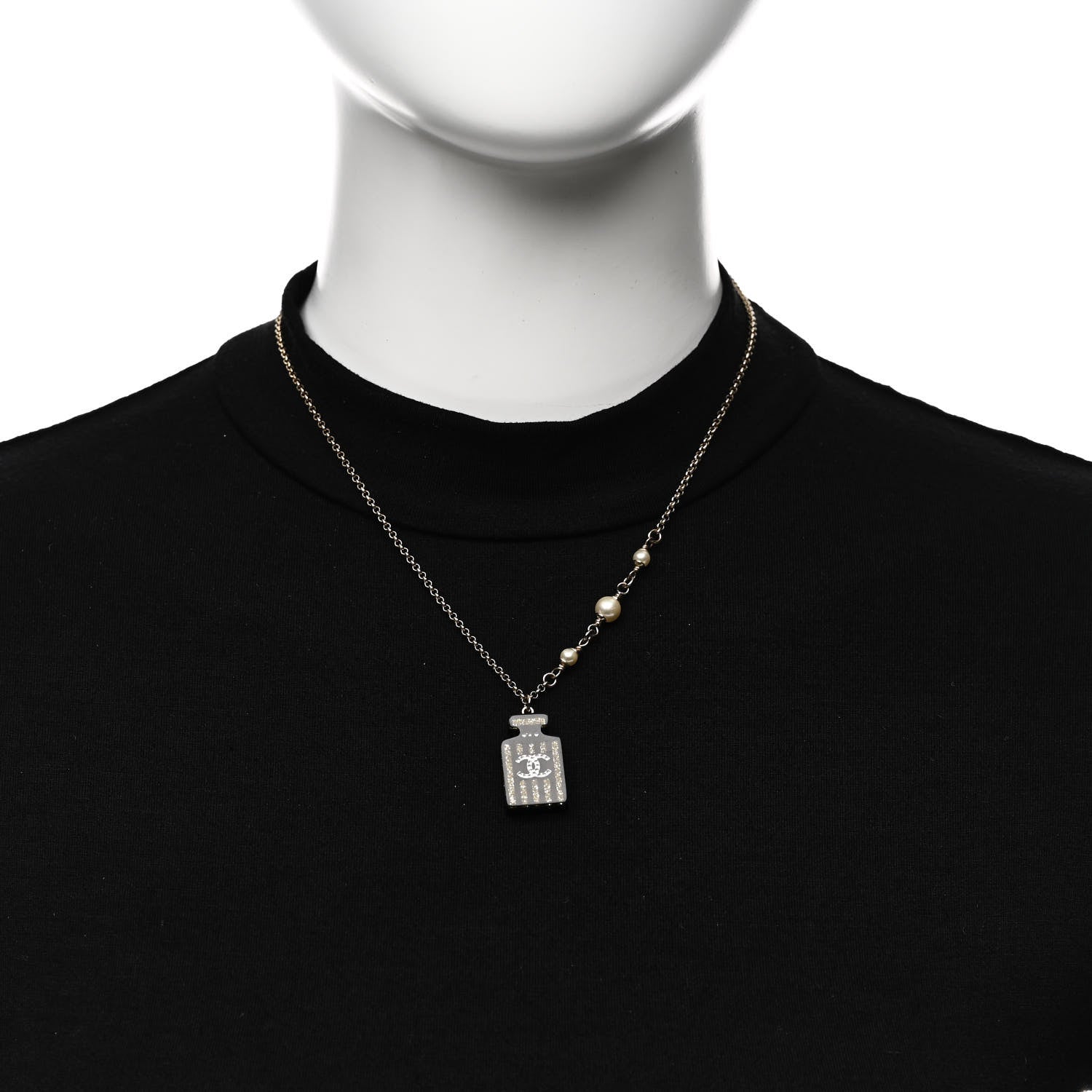 Chanel Pearl Resin Strass Perfume Bottle CC Necklace Black Gold 2 of 5