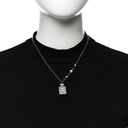 Chanel Pearl Resin Strass Perfume Bottle CC Necklace Black Gold 2 of 5