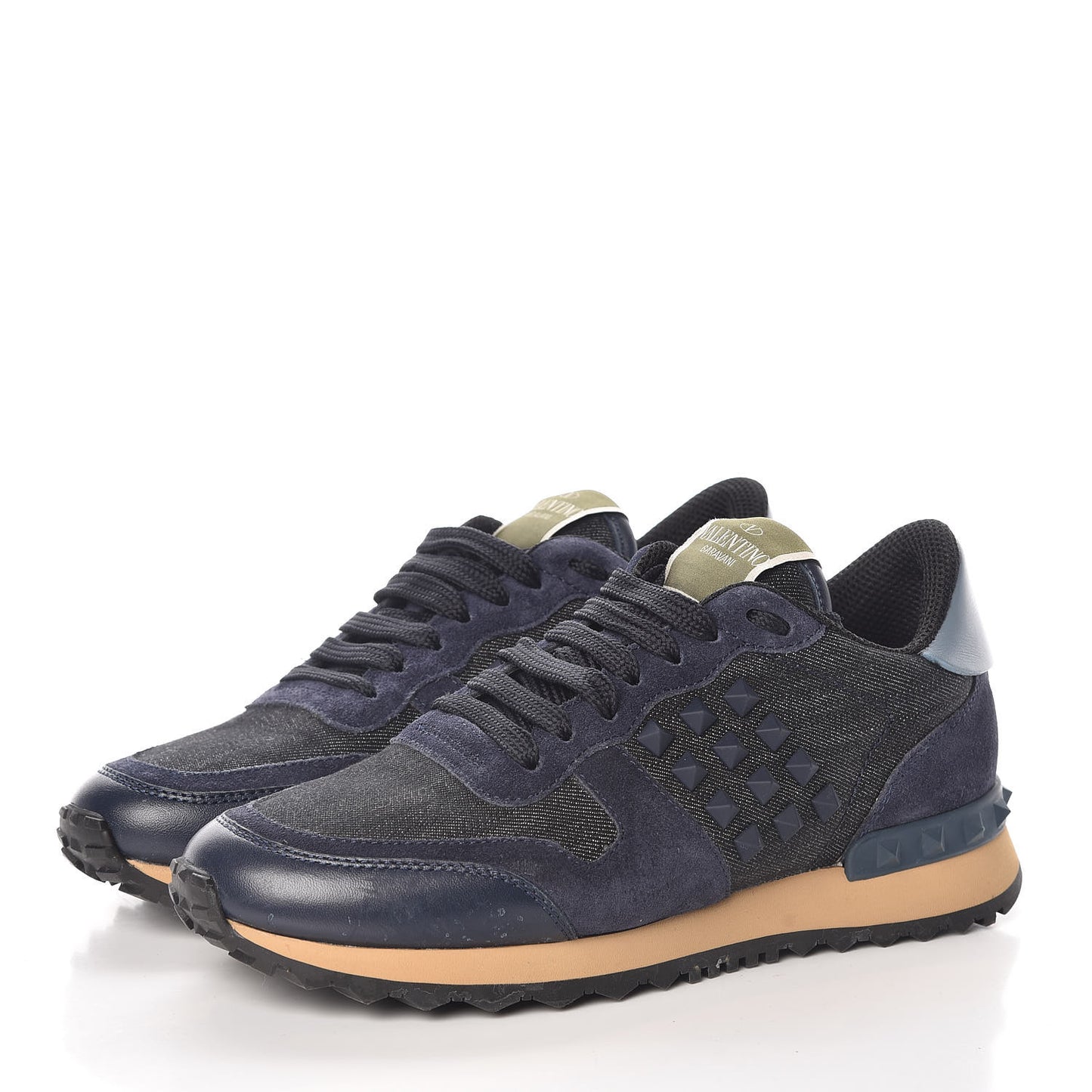 Denim Calfskin Suede Rockstud Sneakers 35.5 Indigo
