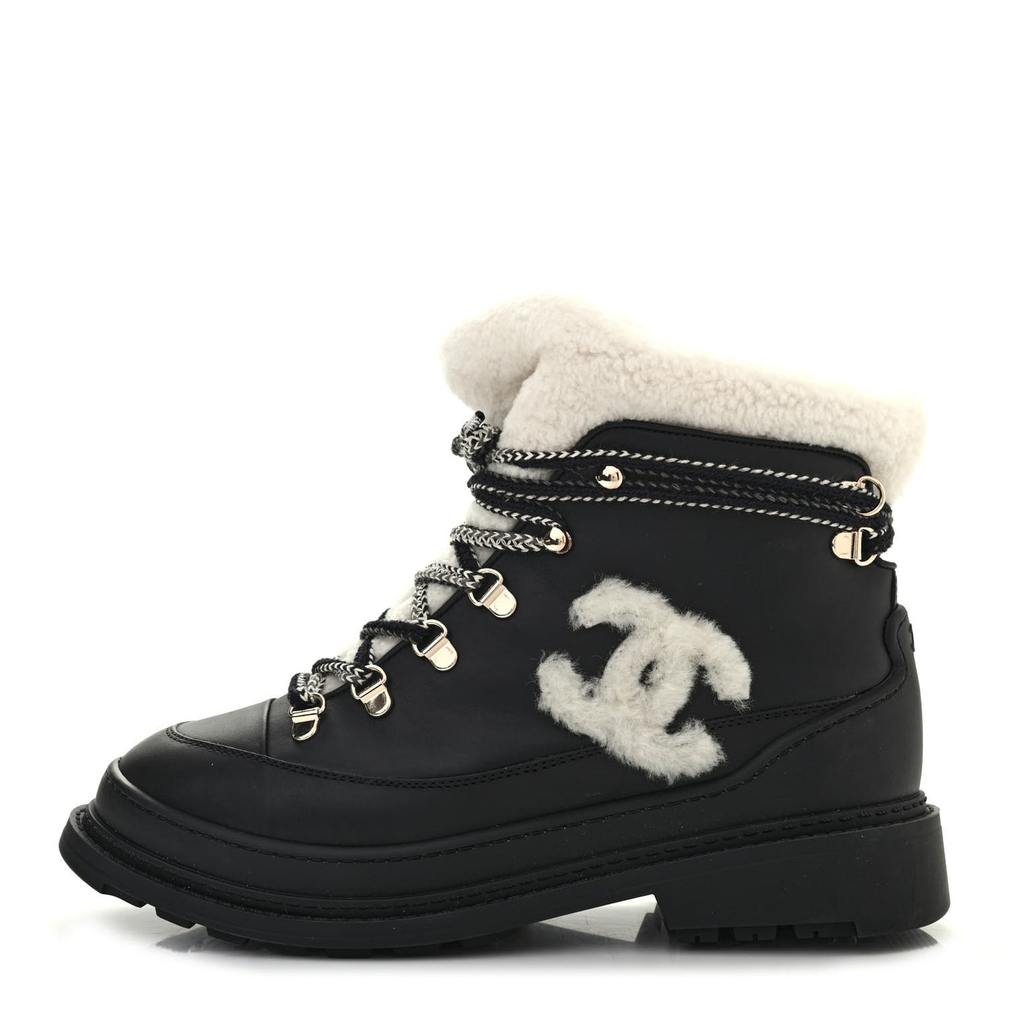 Calfskin Shearling CC Lace Up Boots 39 Black White