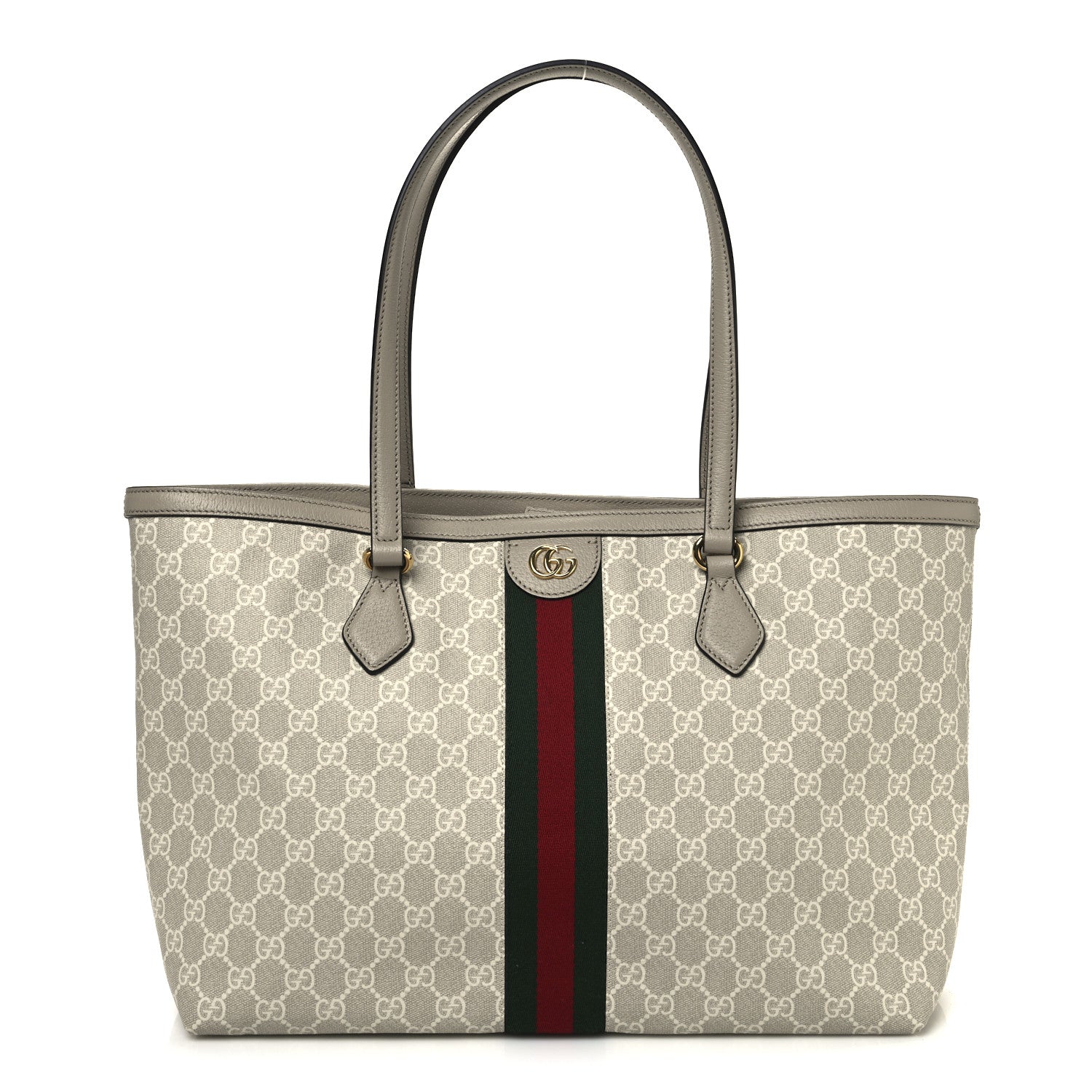 Gucci GG Supreme Monogram Textured Dollar Calfskin Web Large Ophidia Shopping Tote Beige Mystic White Oatmeal 1 of 12