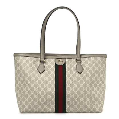 Gucci GG Supreme Monogram Textured Dollar Calfskin Web Large Ophidia Shopping Tote Beige Mystic White Oatmeal 1 of 12