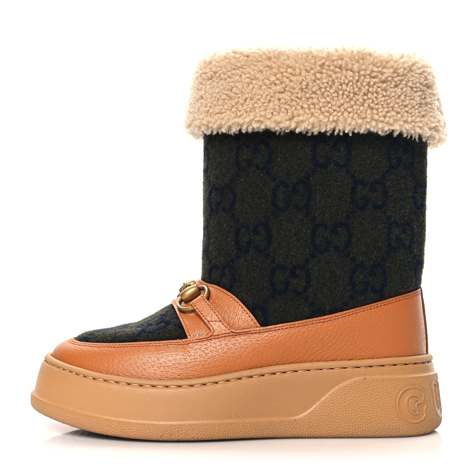 Gucci Covered Wool Monogram Textured Dollar Calfskin Shearling Horsebit Snow Boots 36.5 Underwood Blue Hazel Brown 1 of 9