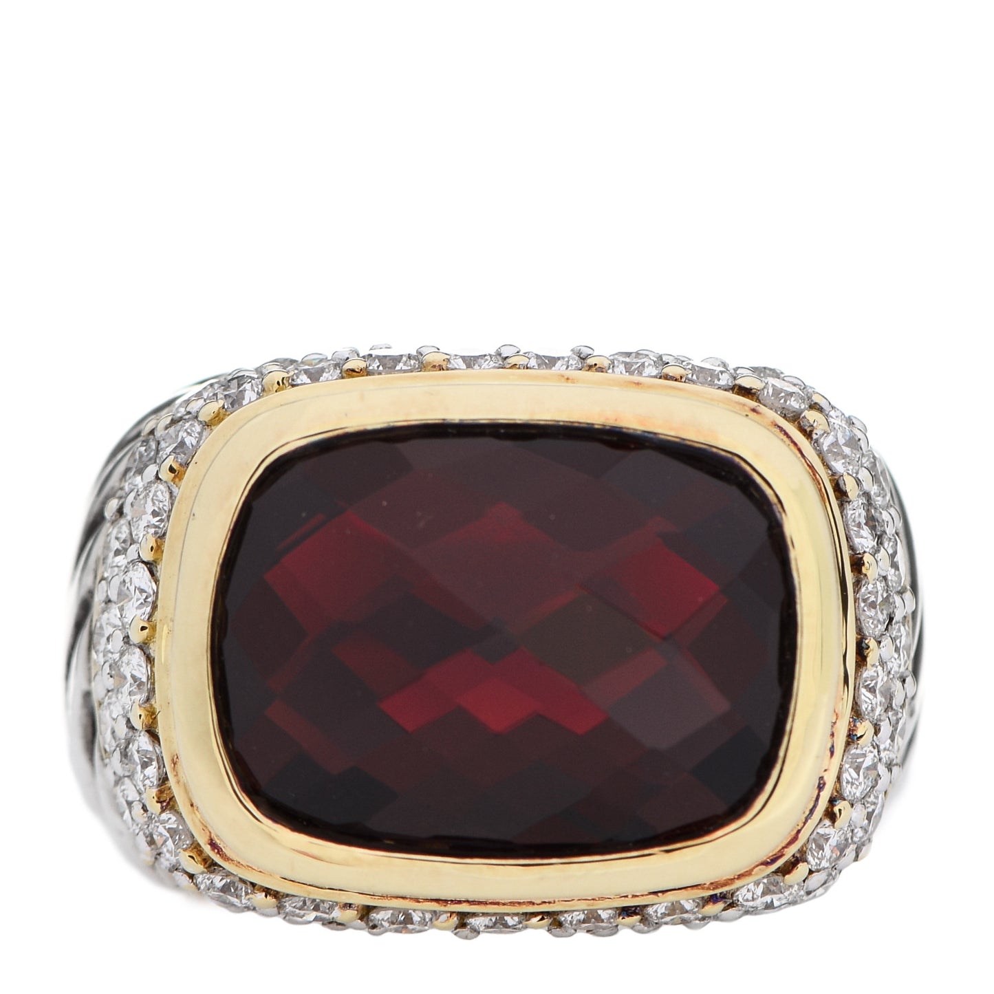 Sterling Silver 18K Yellow Gold Diamond Garnet 12mm Noblesse Ring 56 7.75