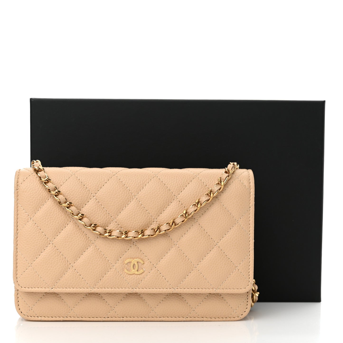 Caviar Quilted Wallet on Chain WOC Beige