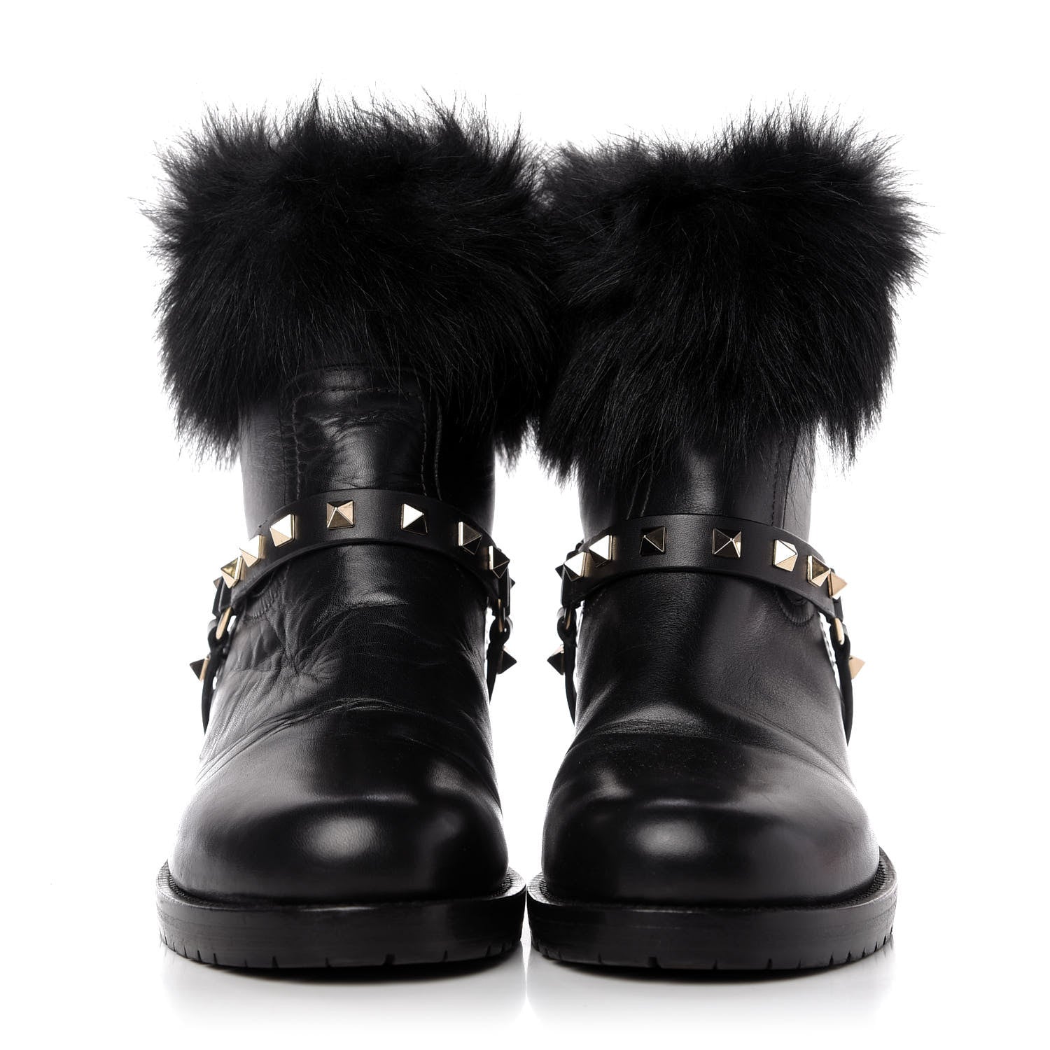 Valentino Garavani Calfskin Fox Fur Rockstud Boots 40 Black 2 of 8