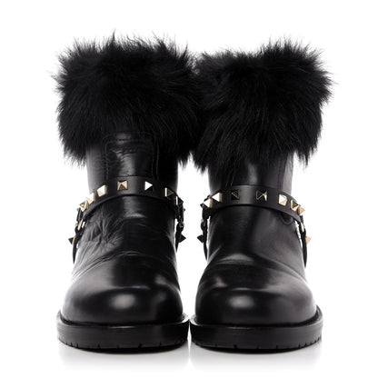 Valentino Garavani Calfskin Fox Fur Rockstud Boots 40 Black 2 of 8
