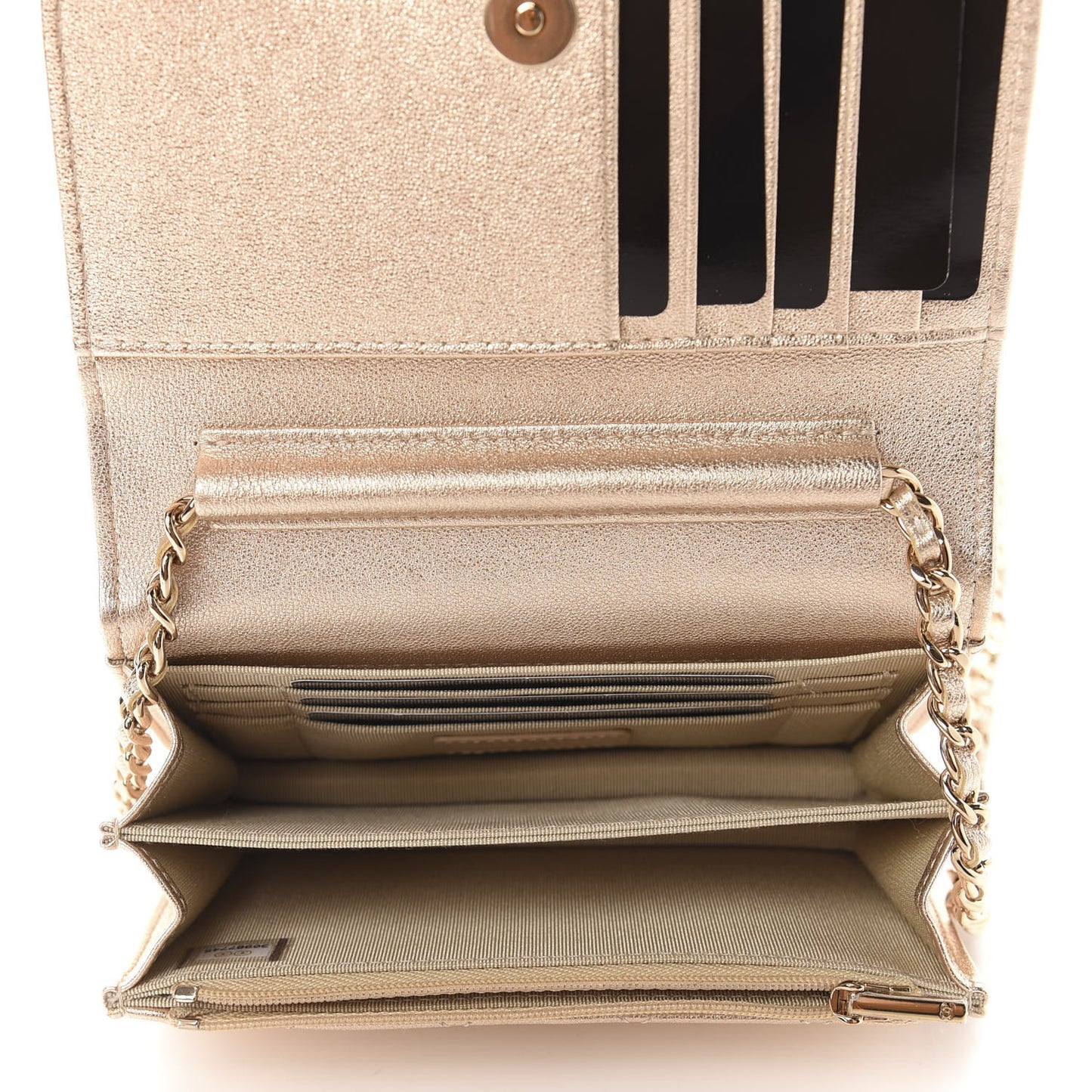 Metallic Lambskin Quilted Mini Wallet On Chain WOC Gold