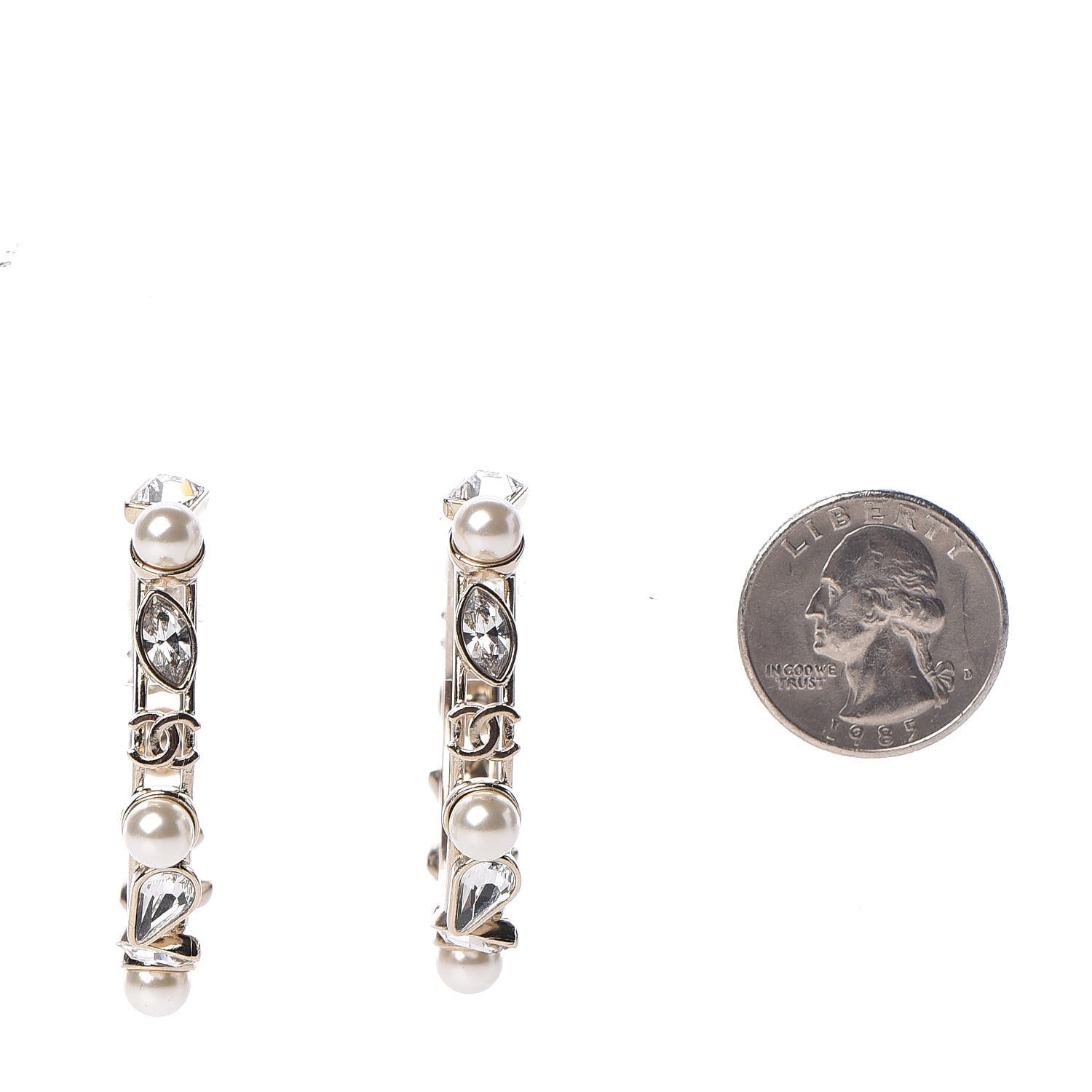 Chanel Glass Pearl Strass Snowfall Hoop Earrings Gold 2 of 7