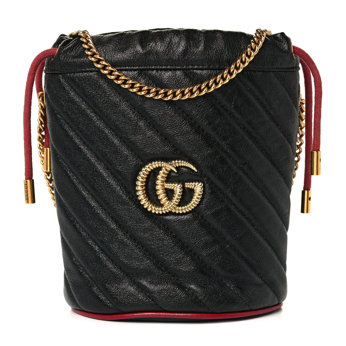 Vintage Effect Calfskin Matelasse Diagonal Mini Torchon GG Marmont 2.0 Bucket Bag Black Romantic Cherry