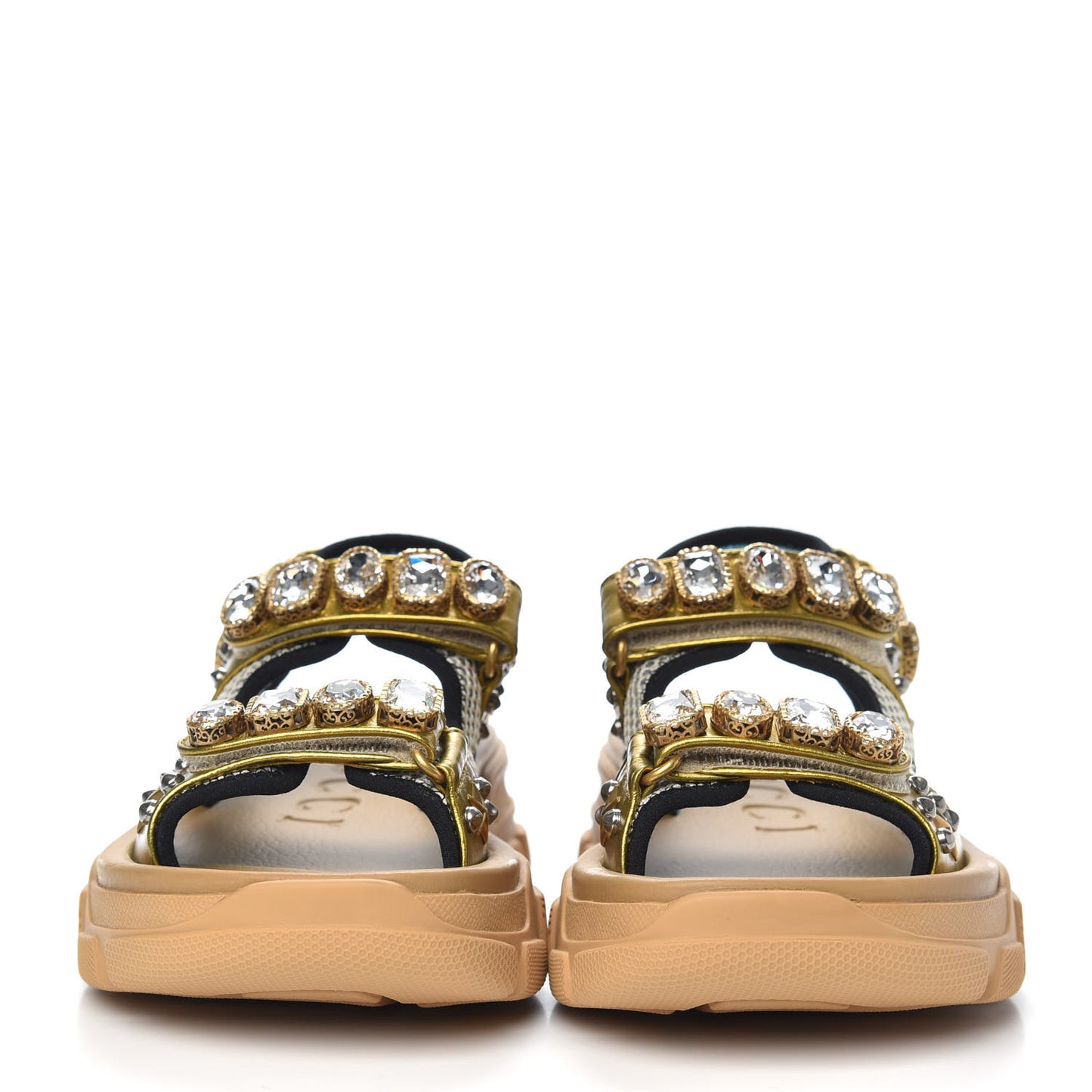 Silk Calfskin Mesh Crystal Embellished Studded Womens Aguru Sandals 35.5 Gold