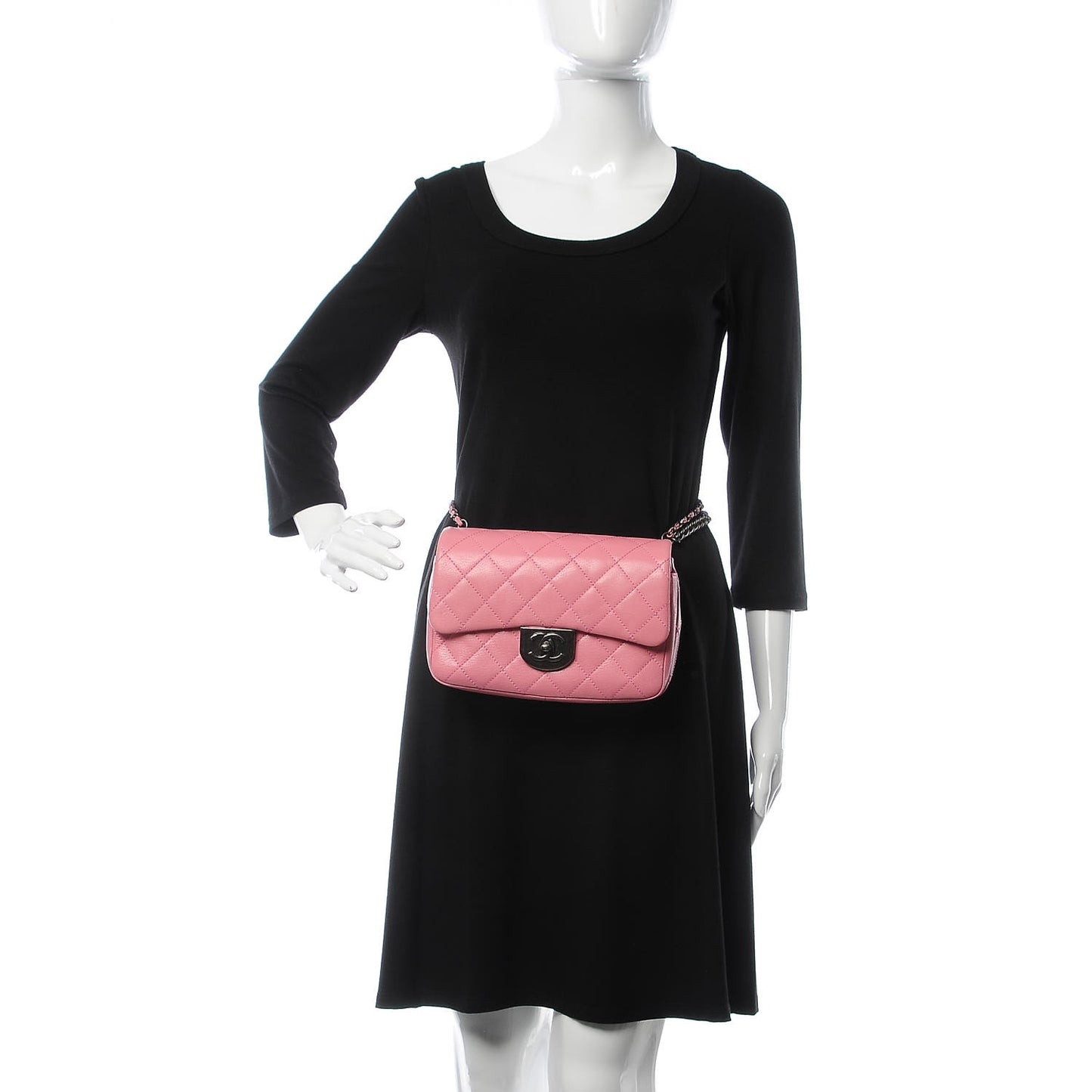 Shiny Goatskin Quilted Small Double Carry Waist Chain Flap Pink
