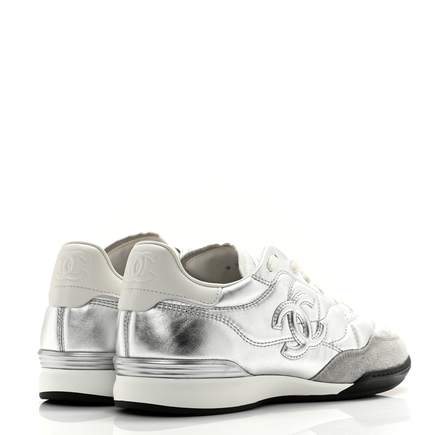 Chanel Laminated Calfskin Suede Quilted Womens CC Sneakers 39 Silver White Gray 4 of 9