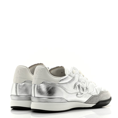 Chanel Laminated Calfskin Suede Quilted Womens CC Sneakers 39 Silver White Gray 4 of 9