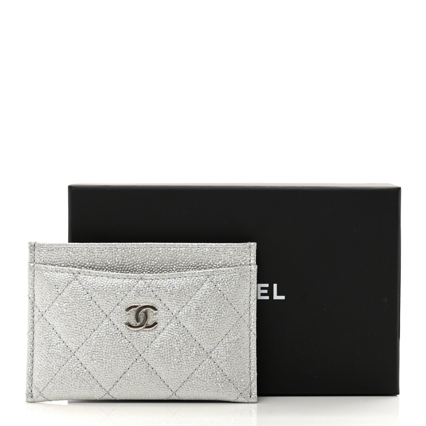 Glittered Metallic Caviar Quilted Card Holder Silver