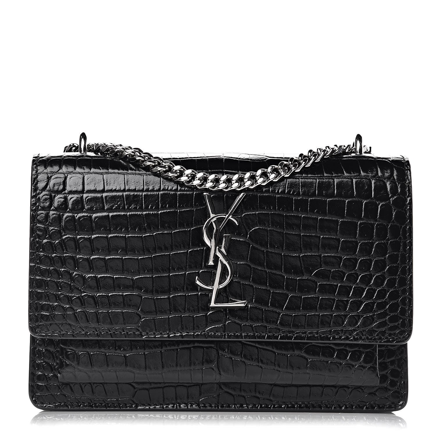 Saint Laurent Calfskin Crocodile Embossed Monogram Sunset Chain Wallet Black 1 of 9