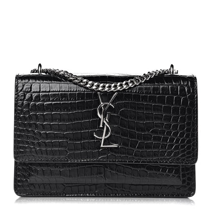 Saint Laurent Calfskin Crocodile Embossed Monogram Sunset Chain Wallet Black 1 of 9