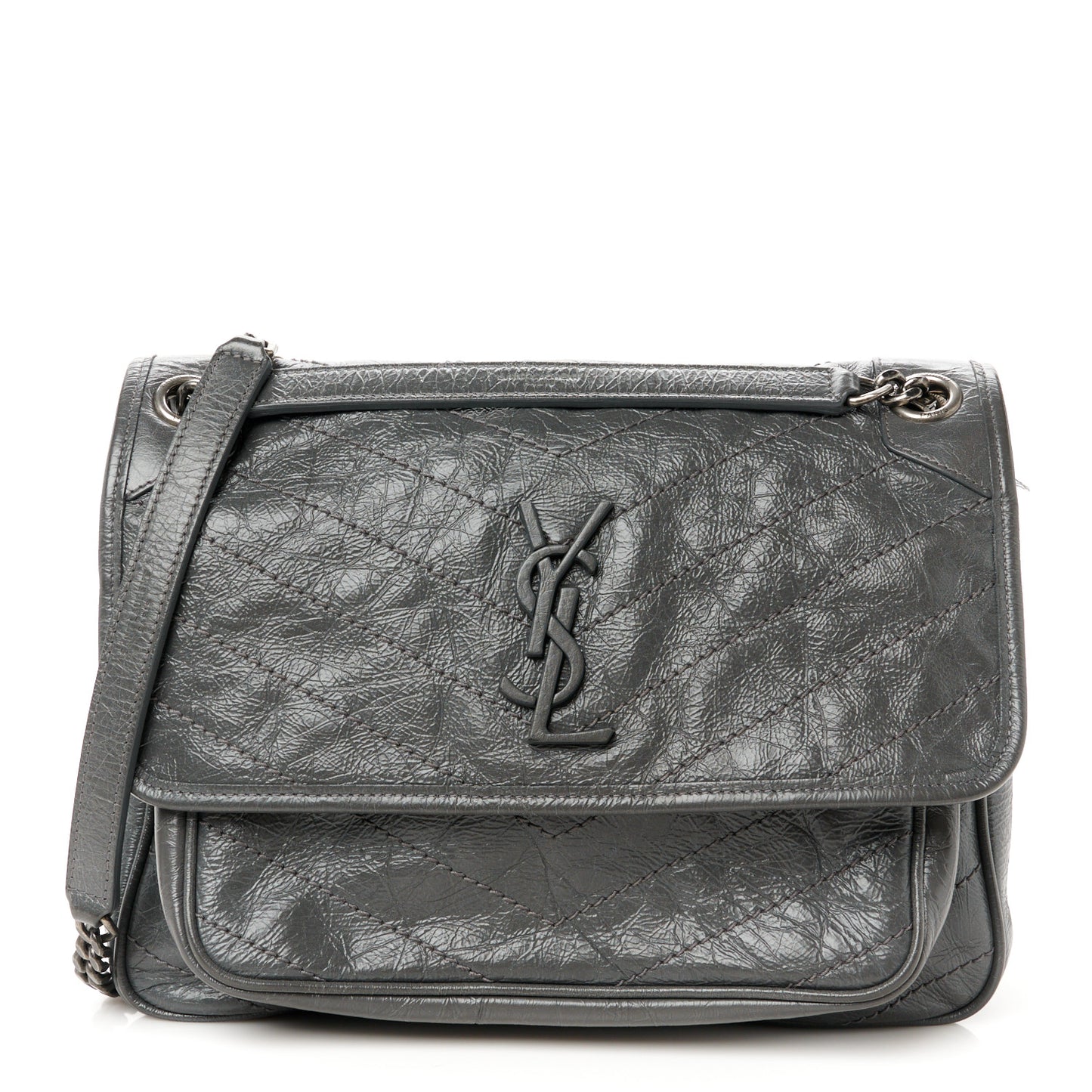 Crinkled Calfskin Matelasse Monogram Medium Niki Chain Satchel Storm