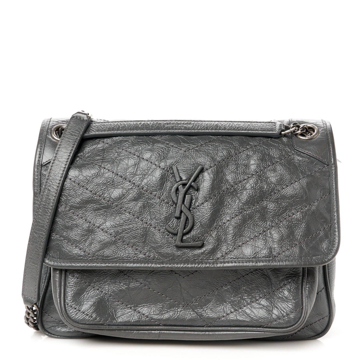 Saint Laurent Crinkled Calfskin Matelasse Monogram Medium Niki Chain Satchel Storm 1 of 12