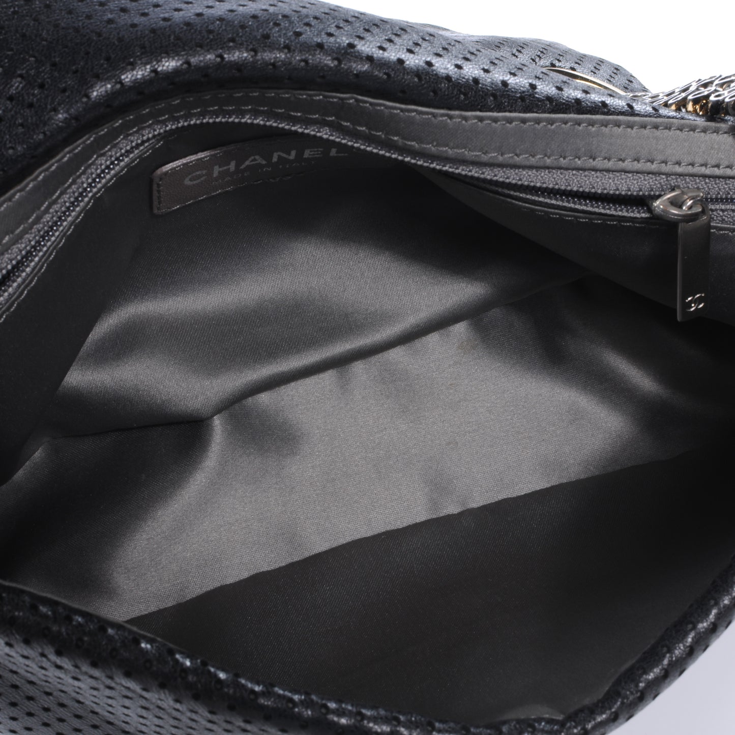 Metallic Crackled Calfskin Perforated Drill Flap Black