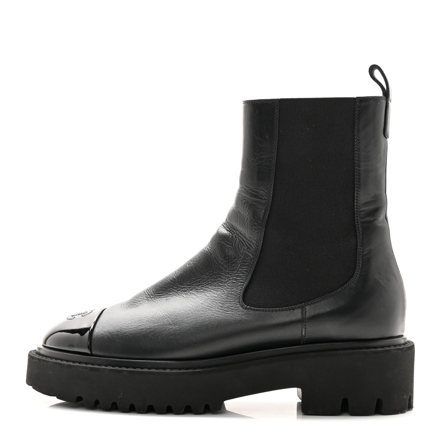 Crumpled Calfskin Patent Cap Toe Short Boots 39.5 Black