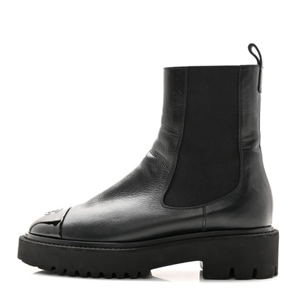 Chanel Crumpled Calfskin Patent Cap Toe Short Boots 39.5 Black 1 of 13