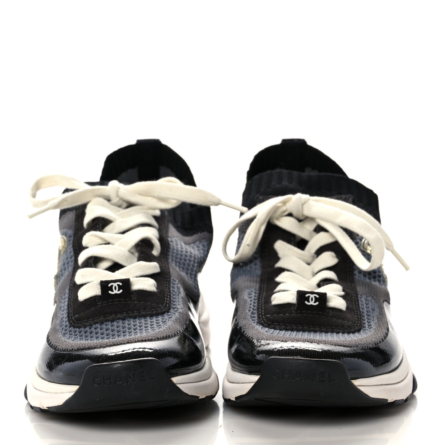 Chanel Fabric Suede Calfskin Stretch CC Sneakers 41 Black Grey 2 of 7