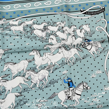 Hermes Silk Les Mustangs Bandana 55 Vert De Gris Bleu 5 of 5