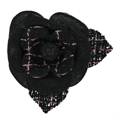Chanel Tweed Fabric Camellia Pin Brooch Black Pink 1 of 4