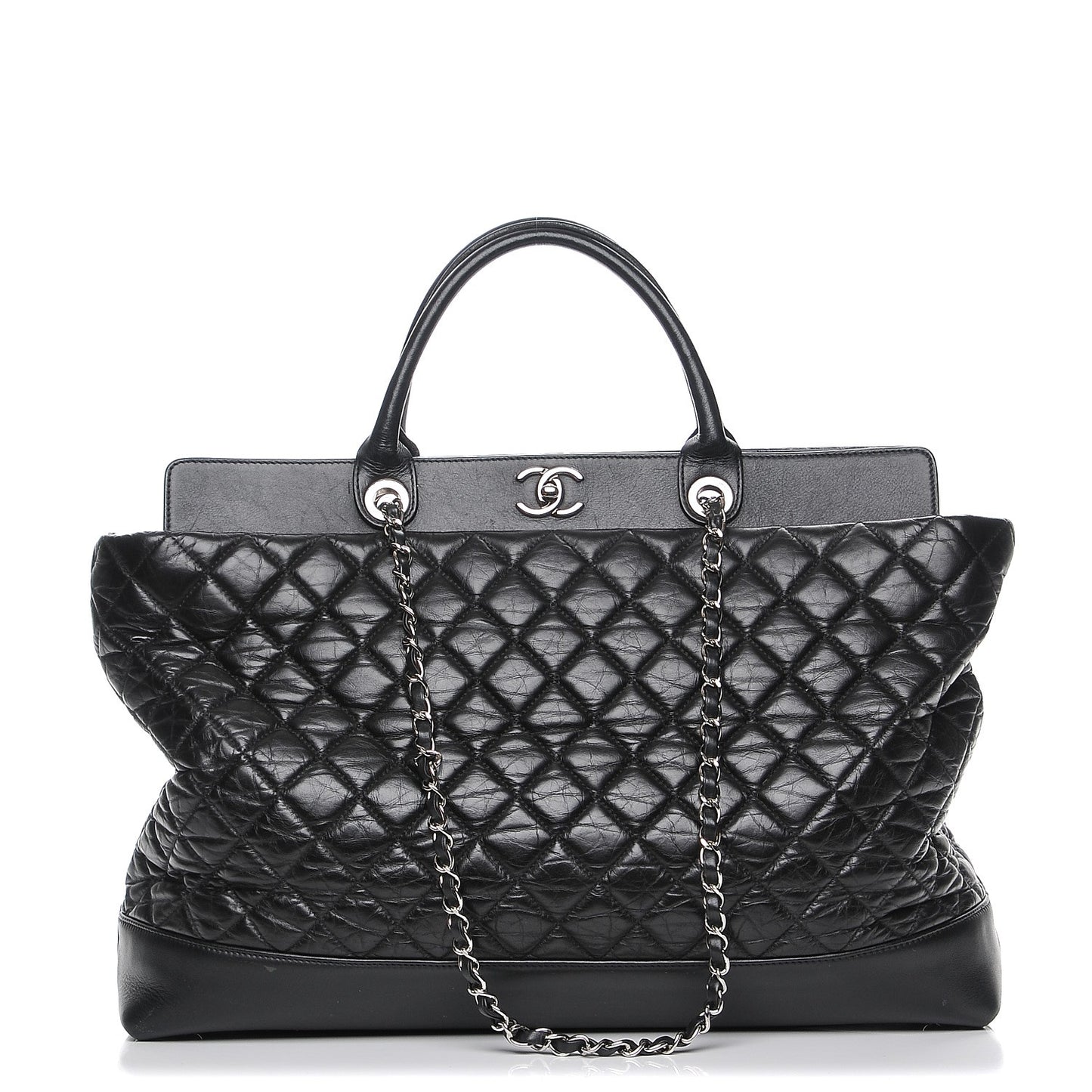 Aged Calfskin Quilted Be CC Tote Black