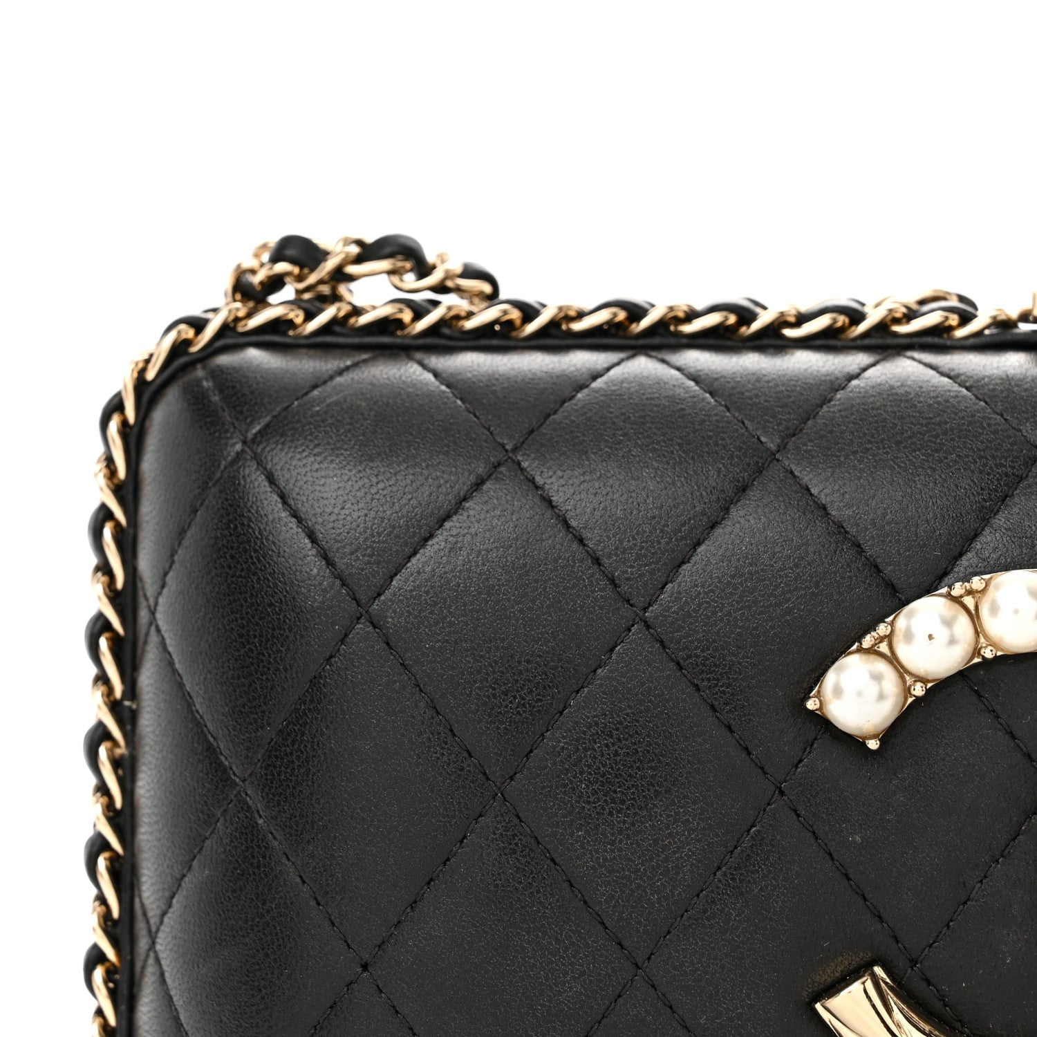 Chanel Lambskin Quilted Pearl Crystal Chain Around Clutch Black 15 of 20