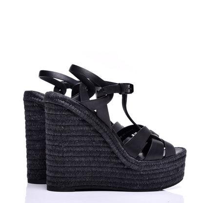 Saint Laurent Calfskin Tribute 95 Platform Espadrille Wedge Sandals 38.5 Black 4 of 9