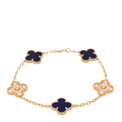 Van Cleef & Arpels 18K Yellow Gold Diamond Blue Sevres Porcelain 5 Motifs Vintage Alhambra Vendome Bracelet 1 of 4
