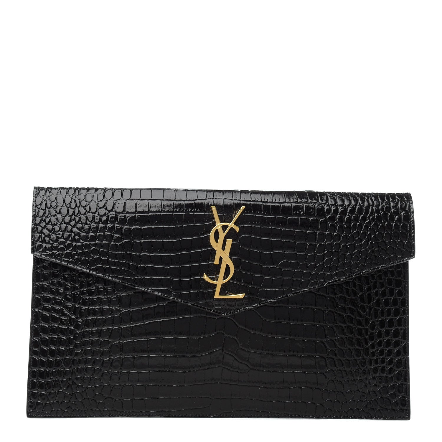Saint Laurent Calfskin Crocodile Embossed Uptown Monogram Clutch Black 1 of 7