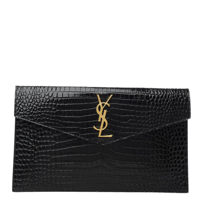 Saint Laurent Calfskin Crocodile Embossed Uptown Monogram Clutch Black 1 of 7
