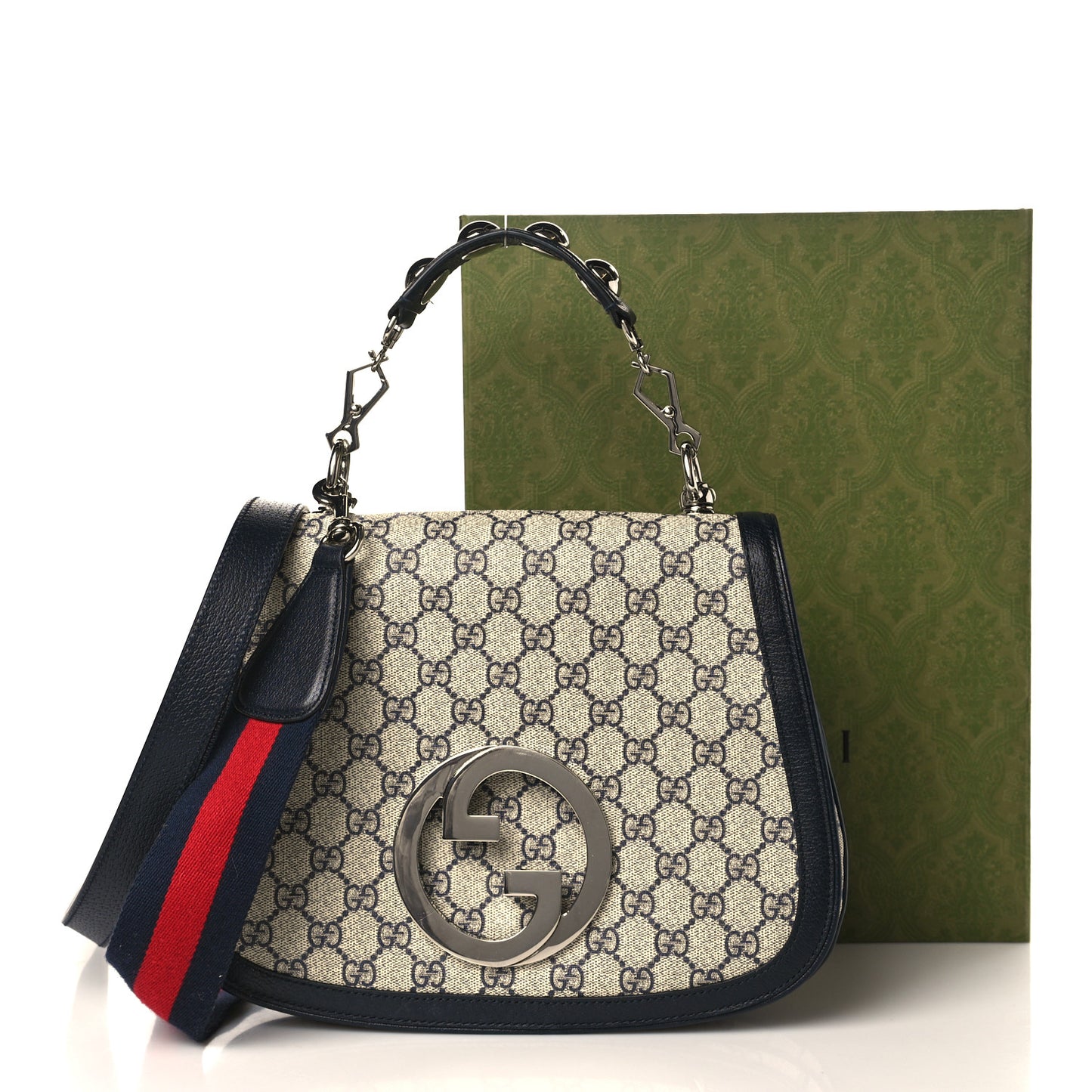 GG Supreme Monogram Textured Dollar Calfskin Web Medium Blondie Top Handle Shoulder Flap Bag Beige Blue