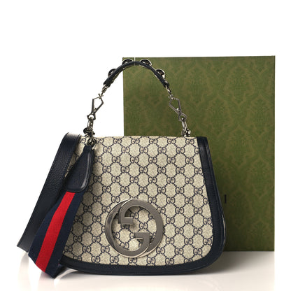 Gucci GG Supreme Monogram Textured Dollar Calfskin Web Medium Blondie Top Handle Shoulder Flap Bag Beige Blue 9 of 9