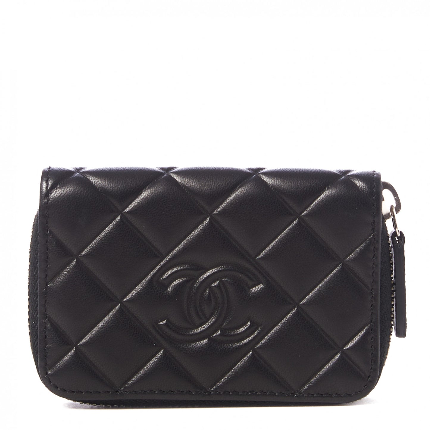 Lambskin Quilted Diamond CC Zip Around Coin Purse Black