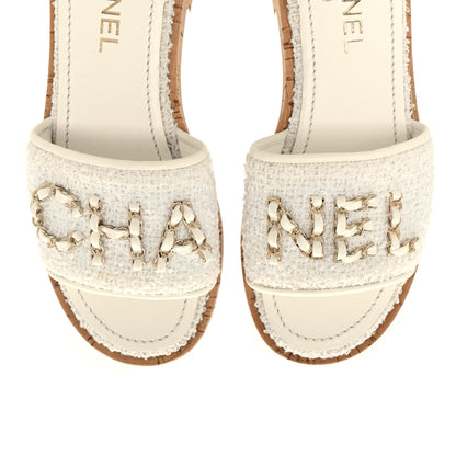 Chanel Tweed Cork CC Chain Mule Sandal 38 White 9 of 9