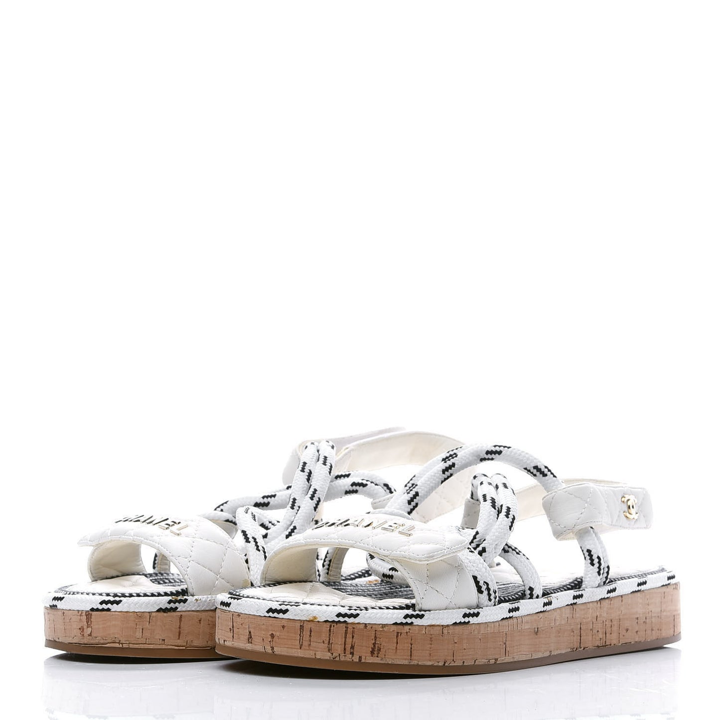 Cord Lambskin Quilted Logo Sandals 38 White Black