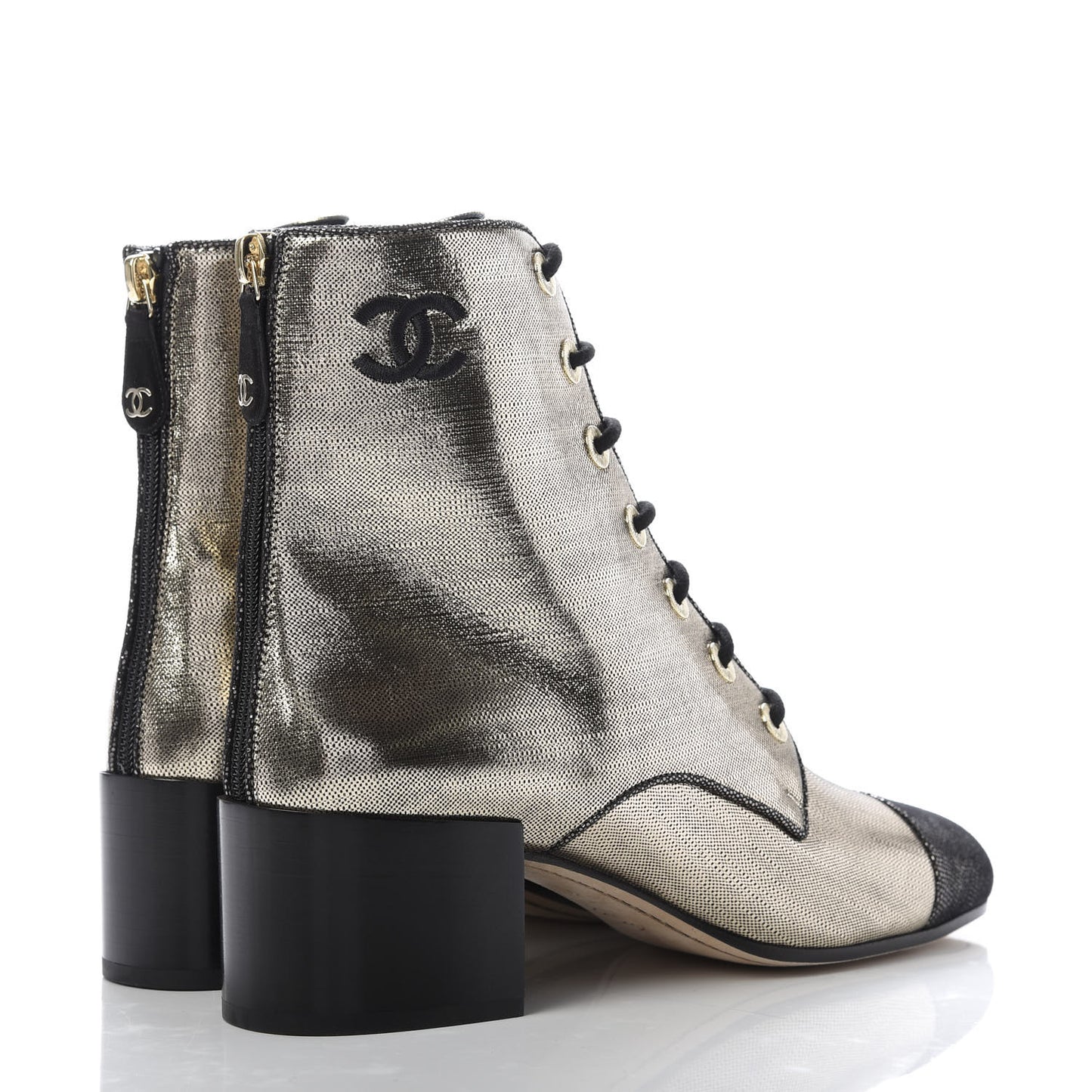 Laminated Calfskin CC Lace Up Short Boots 39.5 Silver Black