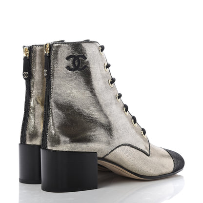 Chanel Laminated Calfskin CC Lace Up Short Boots 39.5 Silver Black 4 of 8